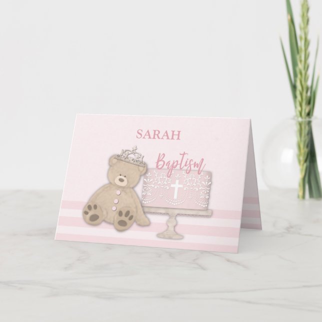 Custom Name Pink Baptism Cake Teddy Bear and Tiara Card (Front)