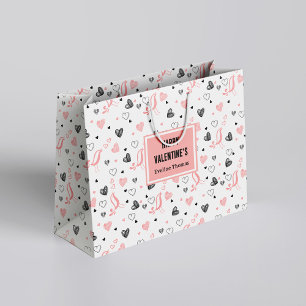 Custom Name Pink Black Hearts Simple Valentine Large Gift Bag