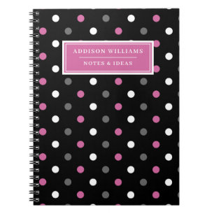 Custom Name Pink Black Polka Dot Pattern Notebook