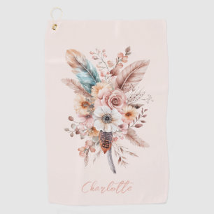 Custom Name Pink Boho Flower & Feathers Elegant  Golf Towel