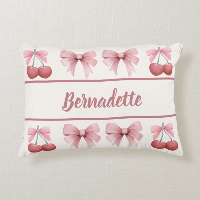 Custom Name Pink Bows and Cherries Girly Coquette Accent Pillow (Front)