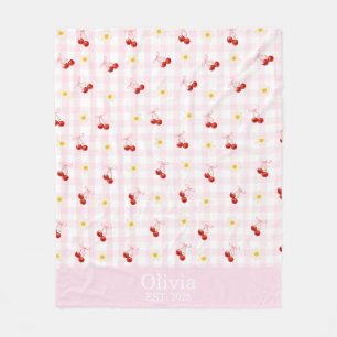Custom Name Pink Bows and Cherries Girly Coquette  Fleece Blanket