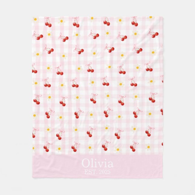 Custom Name Pink Bows and Cherries Girly Coquette  Fleece Blanket (Front)