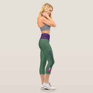 Custom Name - Pink Butterfly - Solid Green Capri Leggings