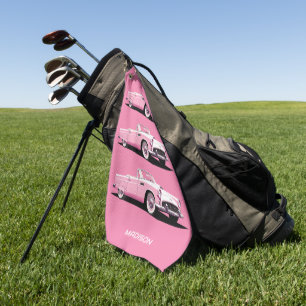 Custom Name Pink Classic Car Golf Towel
