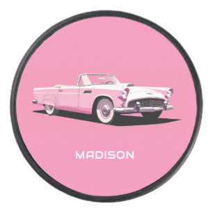 Custom Name Pink Classic Car Hockey Puck