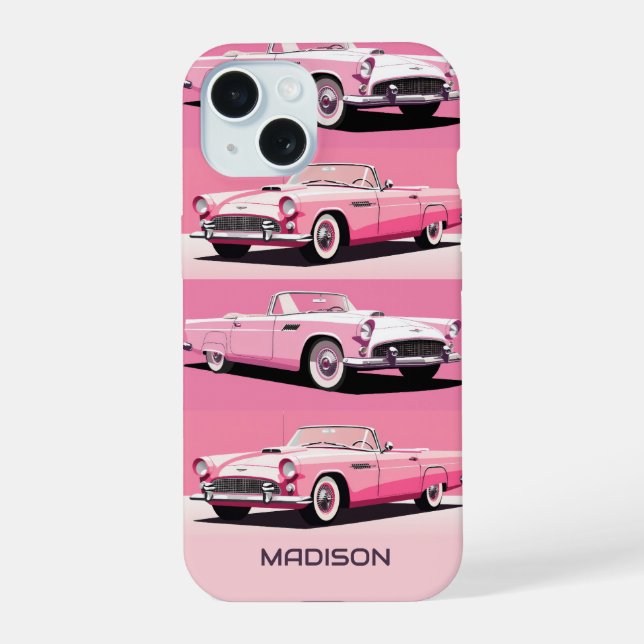 Custom Name Pink Classic Car iPhone 15 Case (Back)