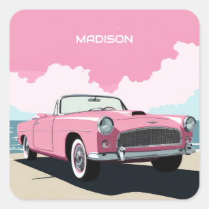 Custom Name Pink Classic Car Square Sticker