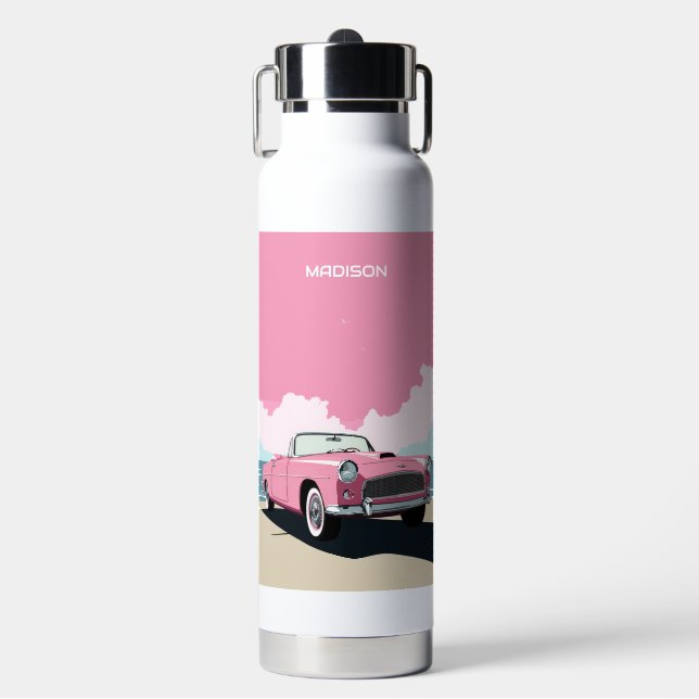 Custom Name Pink Classic Car Water Bottle (Front)