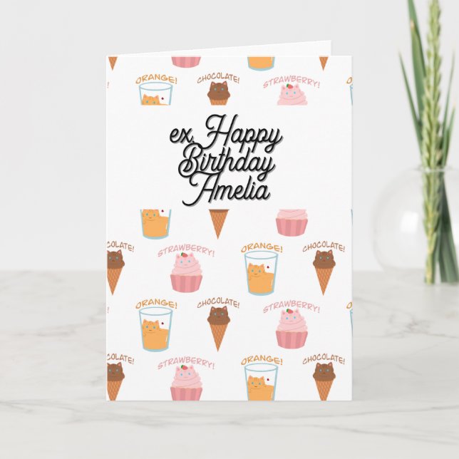 Custom Name Pink Cupcake and Black Cat Pattern  Card (Front)