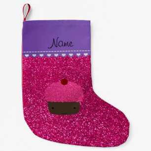 Custom name pink cupcake neon hot pink glitter small christmas stocking