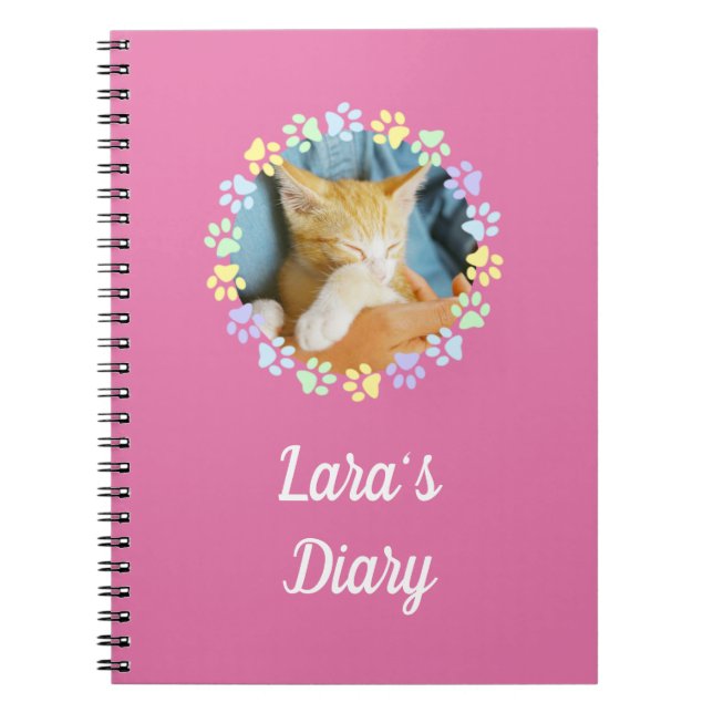 Custom Name Pink Cute Paws Pet's Diary Notebook (Front)
