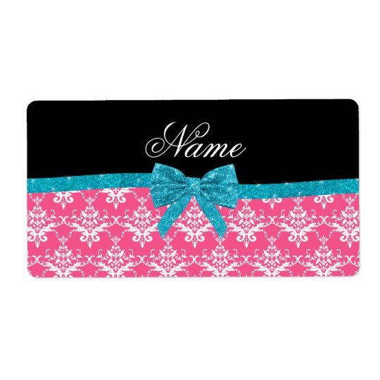 Custom name pink damask turquoise glitter bow shipping label