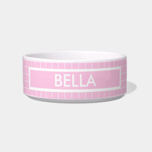 Custom Name Pink Danish Pastel Grid Pattern Dog Bowl