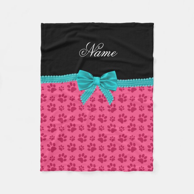 Custom name pink dog paws turquoise bow fleece blanket (Front)