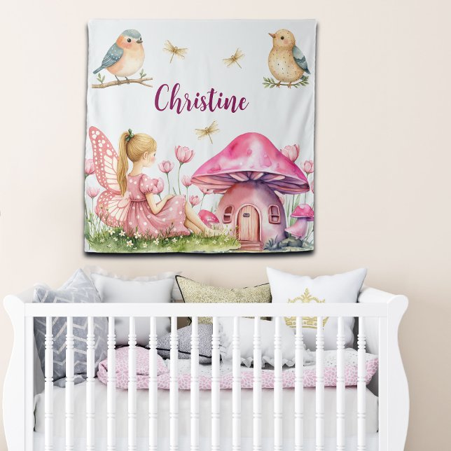 Custom Name Pink Fairy Mushrooms Backdrop Tapestry (Creator Uploaded)