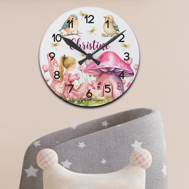 Custom Name Pink Fairy Mushrooms Nursery Round Clock (Creator Uploaded)