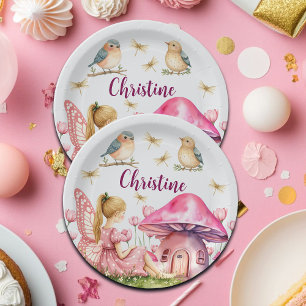 Custom Name Pink Fairy Mushrooms Paper Plate