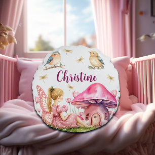 Custom Name Pink Fairy Mushrooms Round Pillow