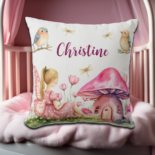 Custom Name Pink Fairy Mushrooms Throw Pillow