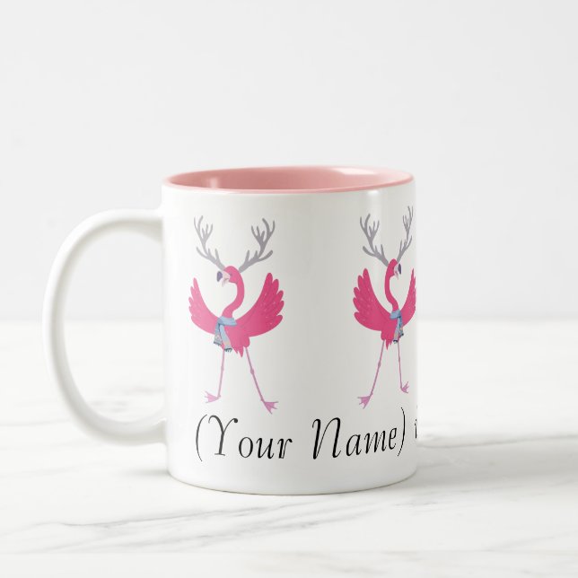 Custom Name Pink Flamingo Santa's Helpers Two-Tone Coffee Mug (Left)