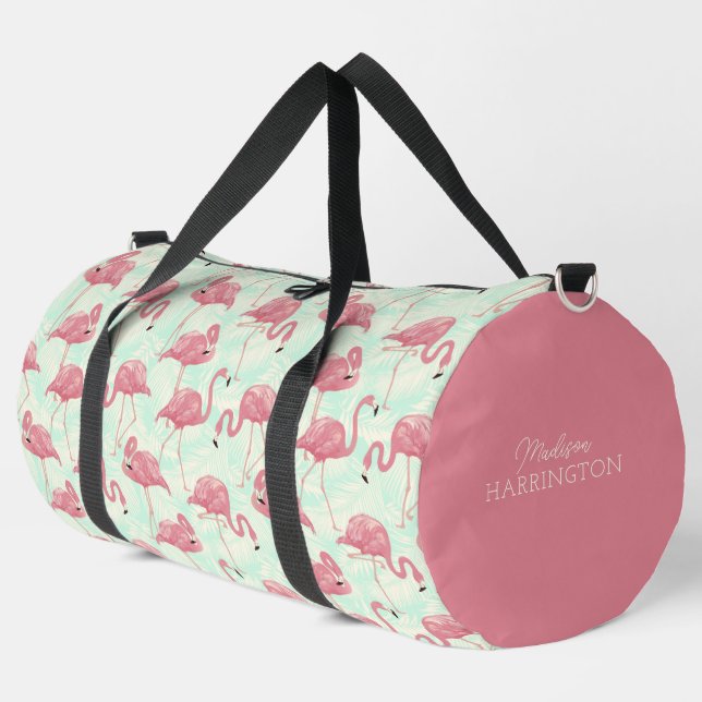 Custom Name Pink Flamingos Pattern Duffle Bag (Left Corner)