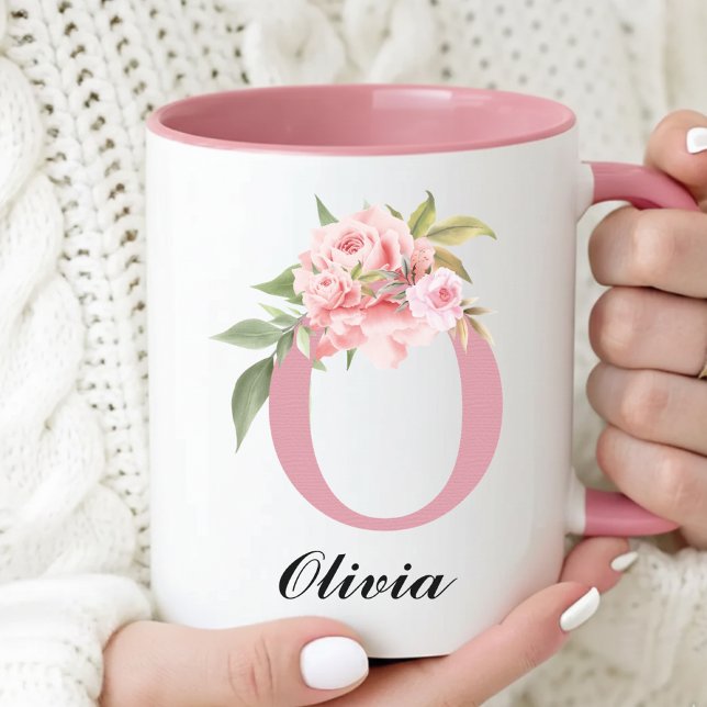 Custom Name Pink Floral Thank You Mug Gift for Her (Custom Rose Floral Mug Bridesmaid Proposal Gift for Her, Floral Monogram Mug Thank You Gift for Her)