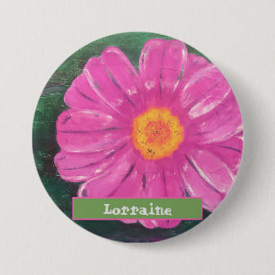 Custom Name PINK Flower Acrylic Painting 3 Inch Round Button