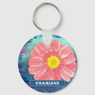 Custom Name PINK Flower Acrylic Painting Keychain