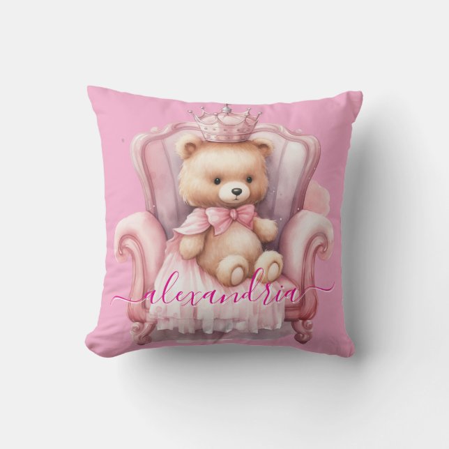 Custom Name Pink Girly Teddy Bear Throw Pillow (Front)