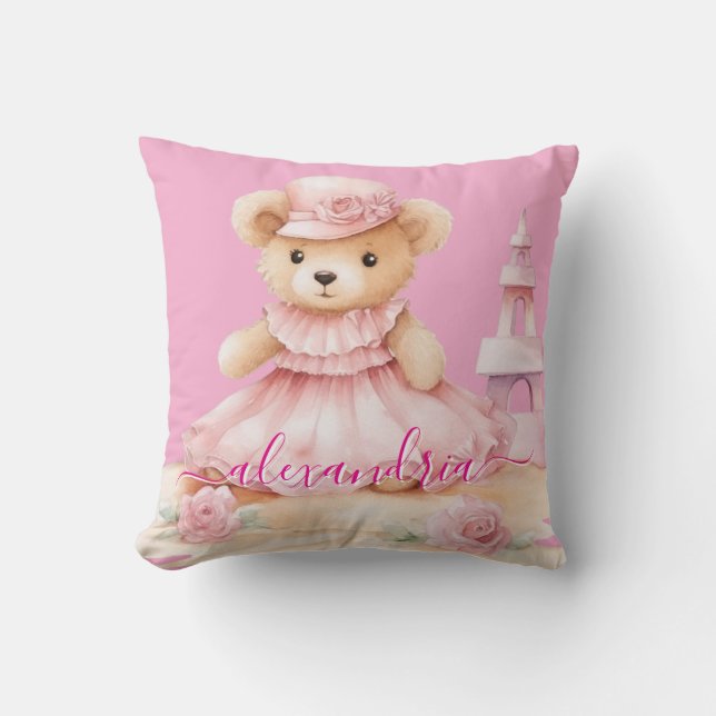 Custom Name Pink Girly Teddy Bear Throw Pillow (Front)