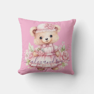 Custom Name Pink Girly Teddy Bear Throw Pillow