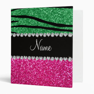 Custom name pink glitter green zebra stripes binder