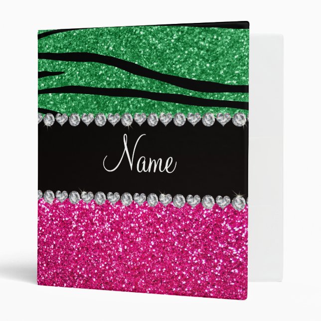 Custom name pink glitter green zebra stripes binder (Front/Inside)