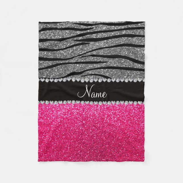 Custom name pink glitter light grey zebra stripes fleece blanket (Front)