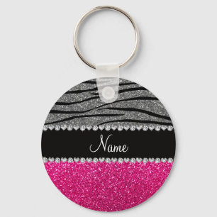 Custom name pink glitter light grey zebra stripes keychain