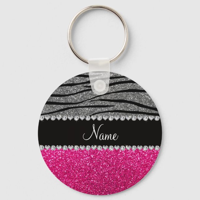 Custom name pink glitter light grey zebra stripes keychain (Front)