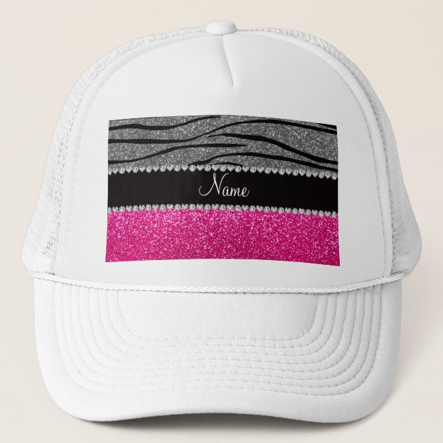 Custom name pink glitter light grey zebra stripes trucker hat (Front)