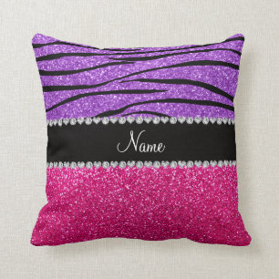 Custom name pink glitter pastel purple zebra strip throw pillow