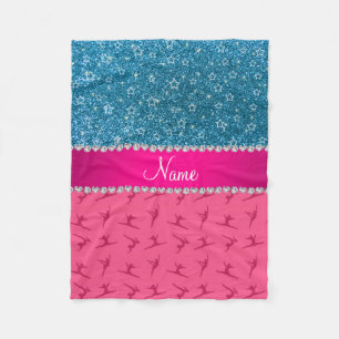 Custom name pink gymnastics blue glitter stars fleece blanket