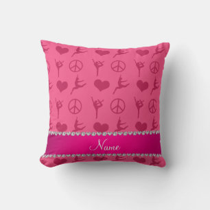 Custom name pink gymnastics hearts peace sign throw pillow