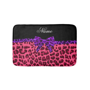 Custom name pink leopard bright purple bow bath mat