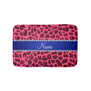 Custom name pink leopard print blue stripe bath mat