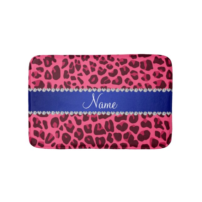 Custom name pink leopard print blue stripe bath mat (Front)