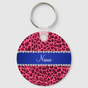 Custom name pink leopard print blue stripe keychain