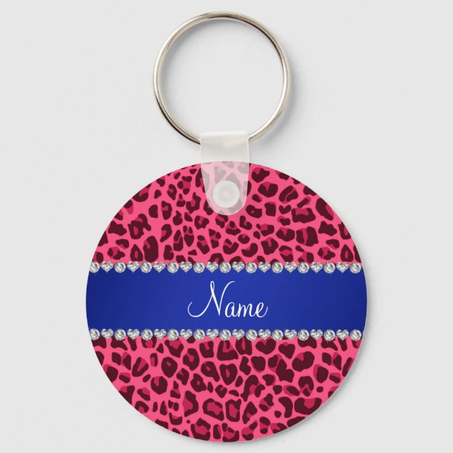 Custom name pink leopard print blue stripe keychain (Front)