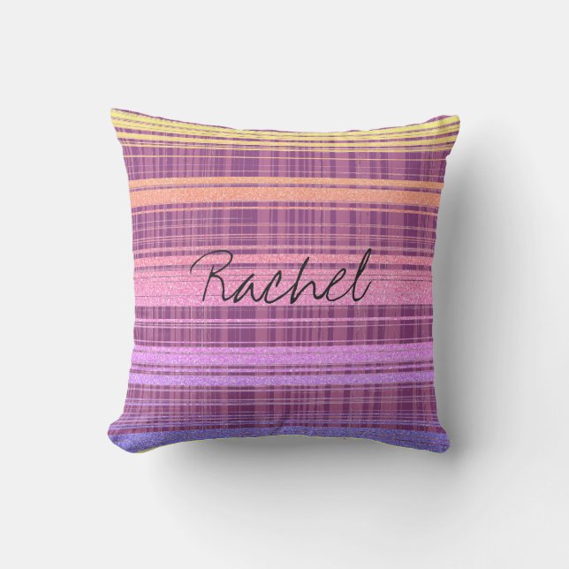 Custom Name Pink Purple Rose Gold Stripe Ombre Outdoor Pillow (Front)