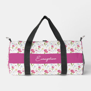 Custom Name Pink Purple Watercolor Wildflower Duffle Bag
