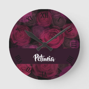 Custom name pink rose pattern round clock