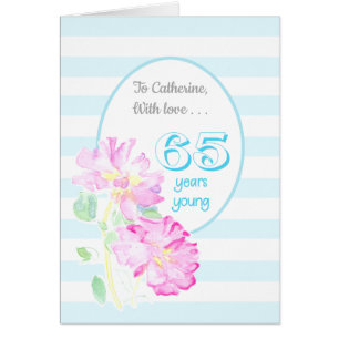 Custom Name Pink Roses and Stripes 65th Birthday